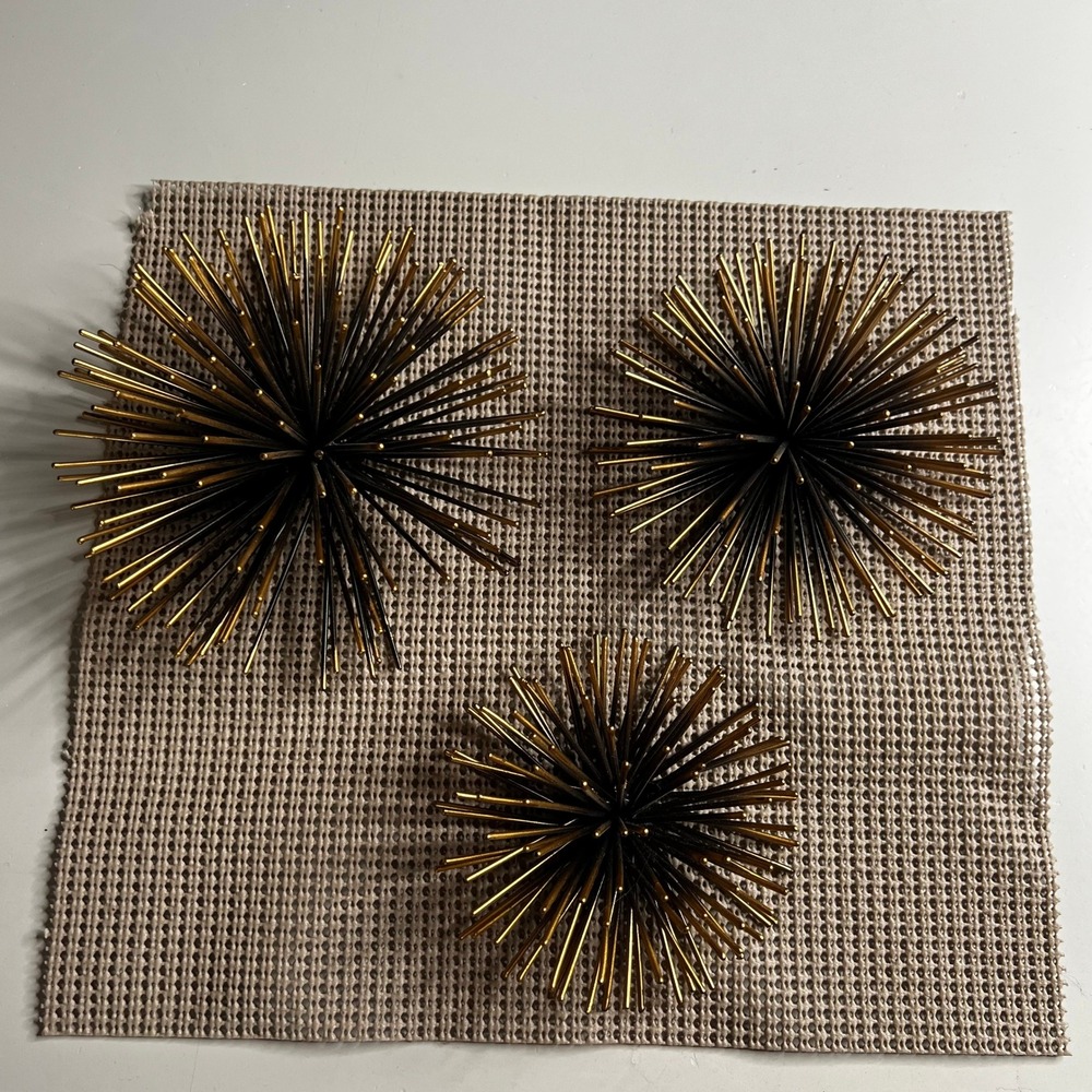 Set of 3 Gold Black Metal Sea Urchin Wall Decor Mid Century Modern Starburst